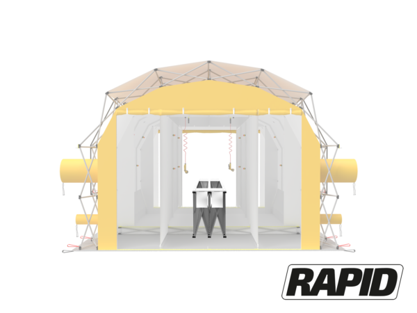 Rapid conveyor for safe handing of nonambulatory patients, viewed within X38 Rapid Decontamination tent.